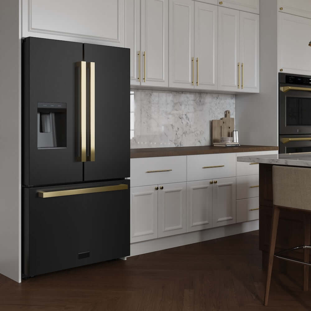 ZLINE Autograph Edition 36 in. 28.9 cu. ft. Standard-Depth French Door External Water Dispenser Refrigerator with Dual Ice Maker in Black Stainless Steel and Polished Gold Modern Handles (RSMZ-W-36-BS-FG) in a luxury kitchen.