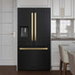 ZLINE Autograph Edition 36 in. 28.9 cu. ft. Standard-Depth French Door External Water Dispenser Refrigerator with Dual Ice Maker in Black Stainless Steel and Polished Gold Modern Handles (RSMZ-W-36-BS-FG) in a luxury kitchen.