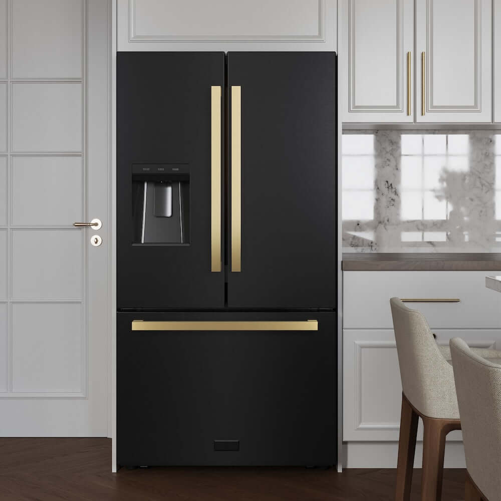 ZLINE Autograph Edition 36 in. 28.9 cu. ft. Standard-Depth French Door External Water Dispenser Refrigerator with Dual Ice Maker in Black Stainless Steel and Polished Gold Modern Handles (RSMZ-W-36-BS-FG) in a luxury kitchen.