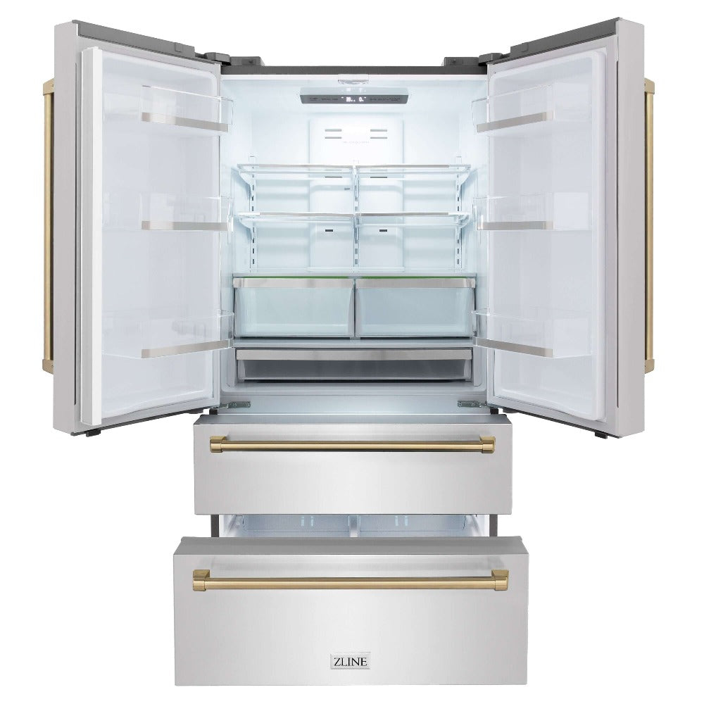 ZLINE Autograph Edition 36 in. 22.5 cu. ft Freestanding French Door Refrigerator with Ice Maker in Fingerprint Resistant Stainless Steel with Champagne Bronze Accents (RFMZ-36-CB) front, refrigeration compartment and bottom freezers open.