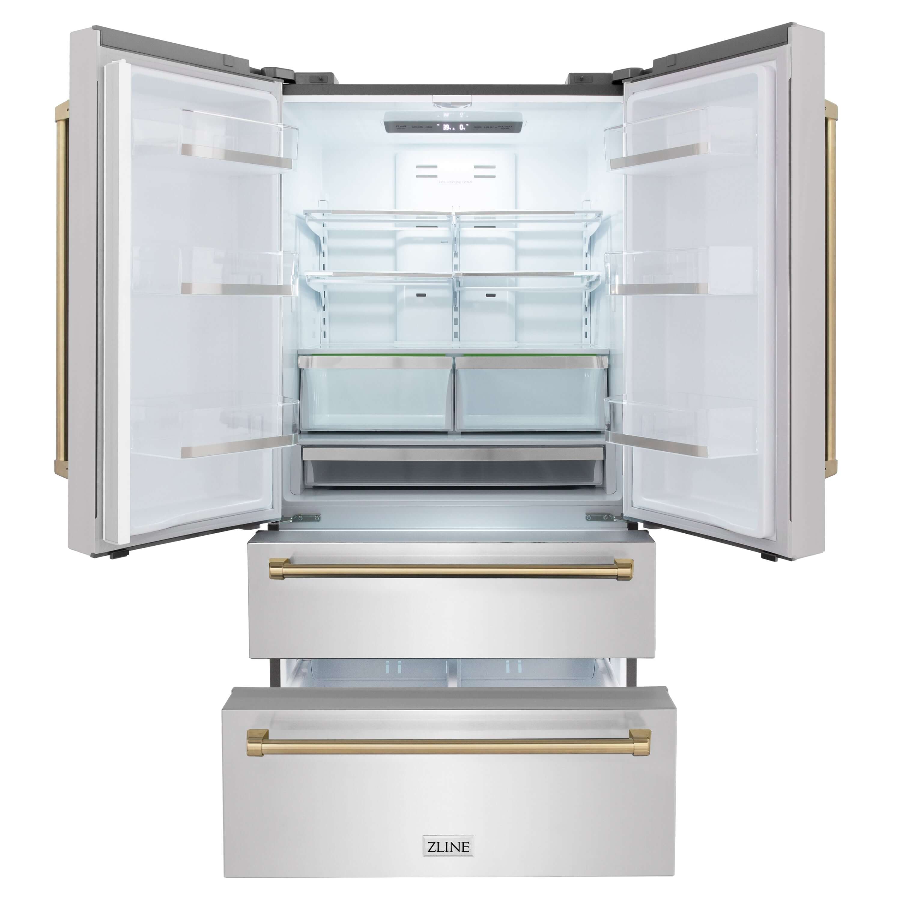 ZLINE 36 in. Freestanding French Door Refrigerator front with doors and bottom freezer drawers open and internal LED lights on.