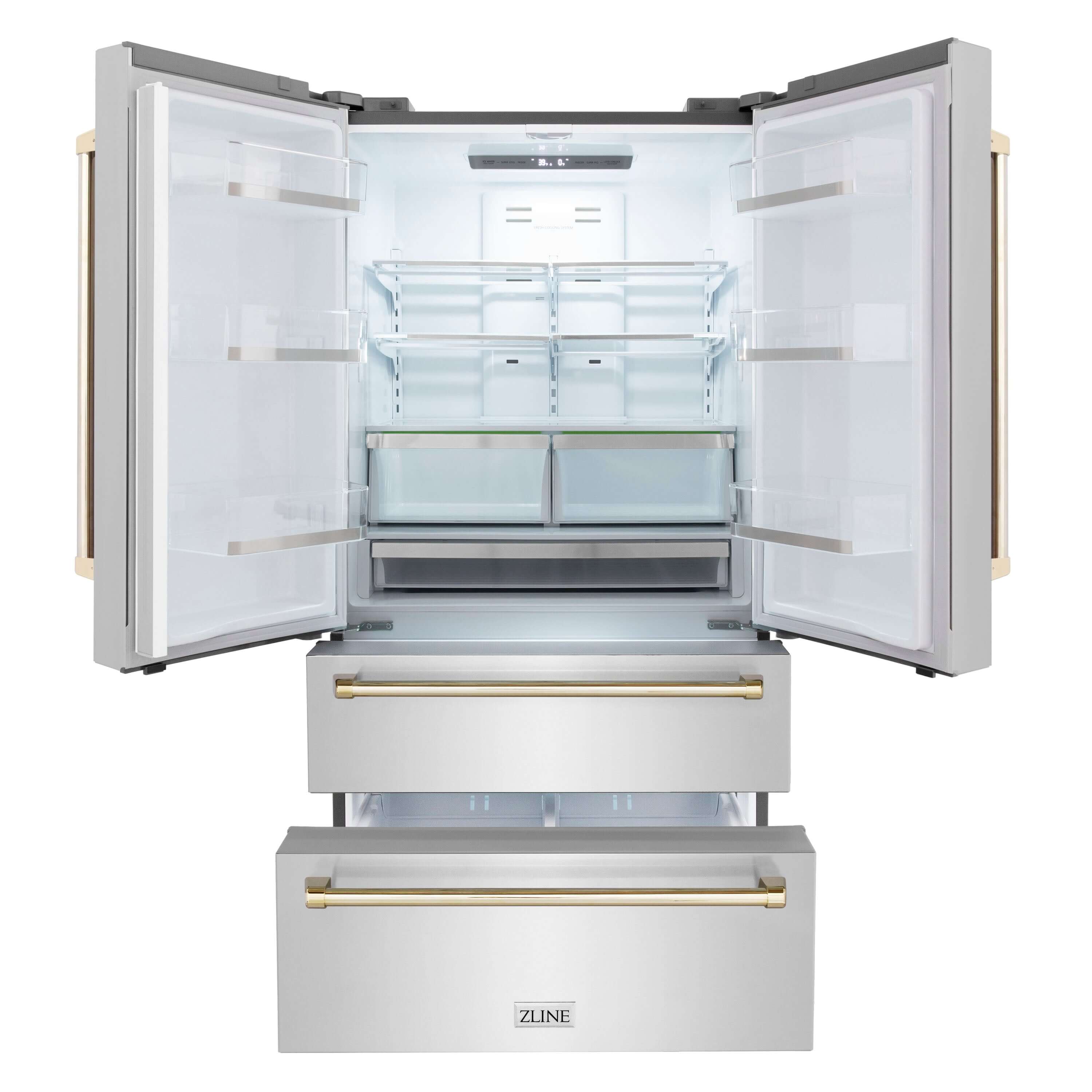 ZLINE Autograph Edition 36 in. 22.5 cu. ft Freestanding French Door Refrigerator with Ice Maker in Fingerprint Resistant Stainless Steel with Polished Gold Accents (RFMZ-36-G) front, refrigeration compartment and bottom freezers open.
