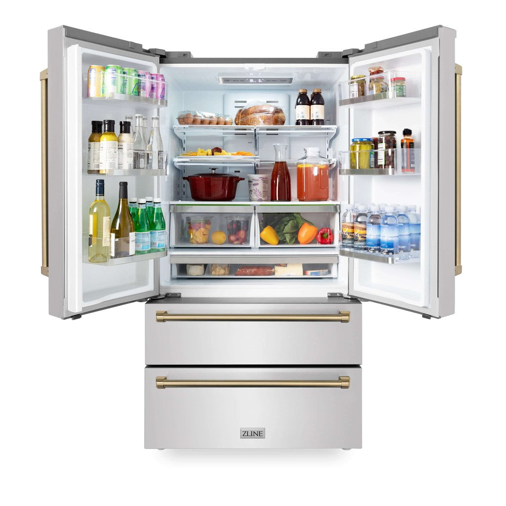ZLINE Autograph Edition 36 in. 22.5 cu. ft Freestanding French Door Refrigerator with Ice Maker in Fingerprint Resistant Stainless Steel with Champagne Bronze Accents (RFMZ-36-CB) front, open with food on adjustable shelving inside refrigeration compartment.