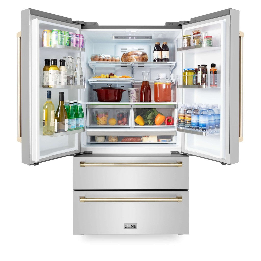 ZLINE Autograph Edition 36 in. 22.5 cu. ft Freestanding French Door Refrigerator with Ice Maker in Fingerprint Resistant Stainless Steel with Polished Gold Accents (RFMZ-36-G) front, open with food on adjustable shelving inside refrigeration compartment.