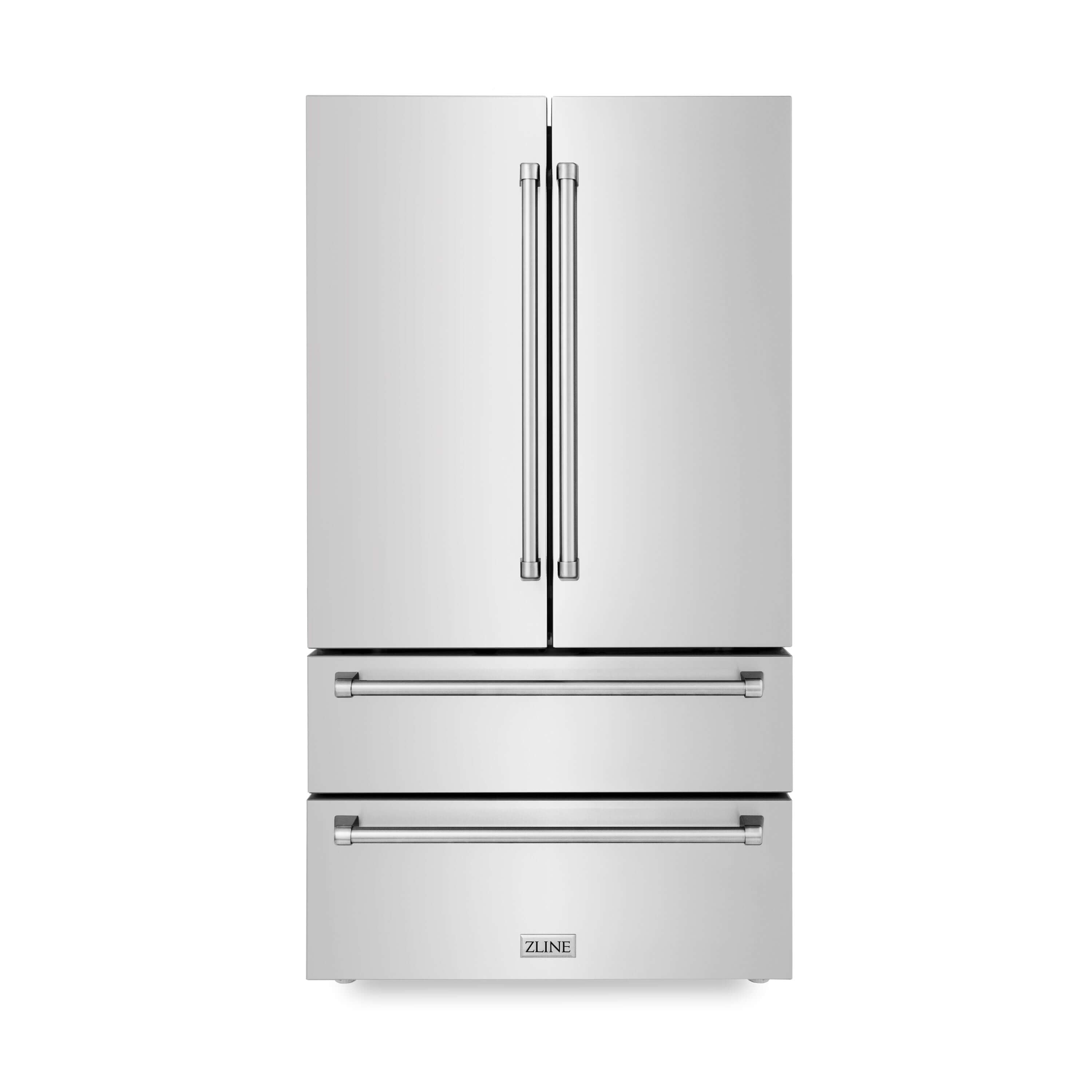 ZLINE Kitchen Package in Stainless Steel with 36 in. French Door Refrigerator, 48 in. Dual Fuel Range, 48 in. Convertible Vent Range Hood, 24 in. Microwave Drawer, and 24 in. Tall Tub Dishwasher (5KPR-RARH48-MWDWV)