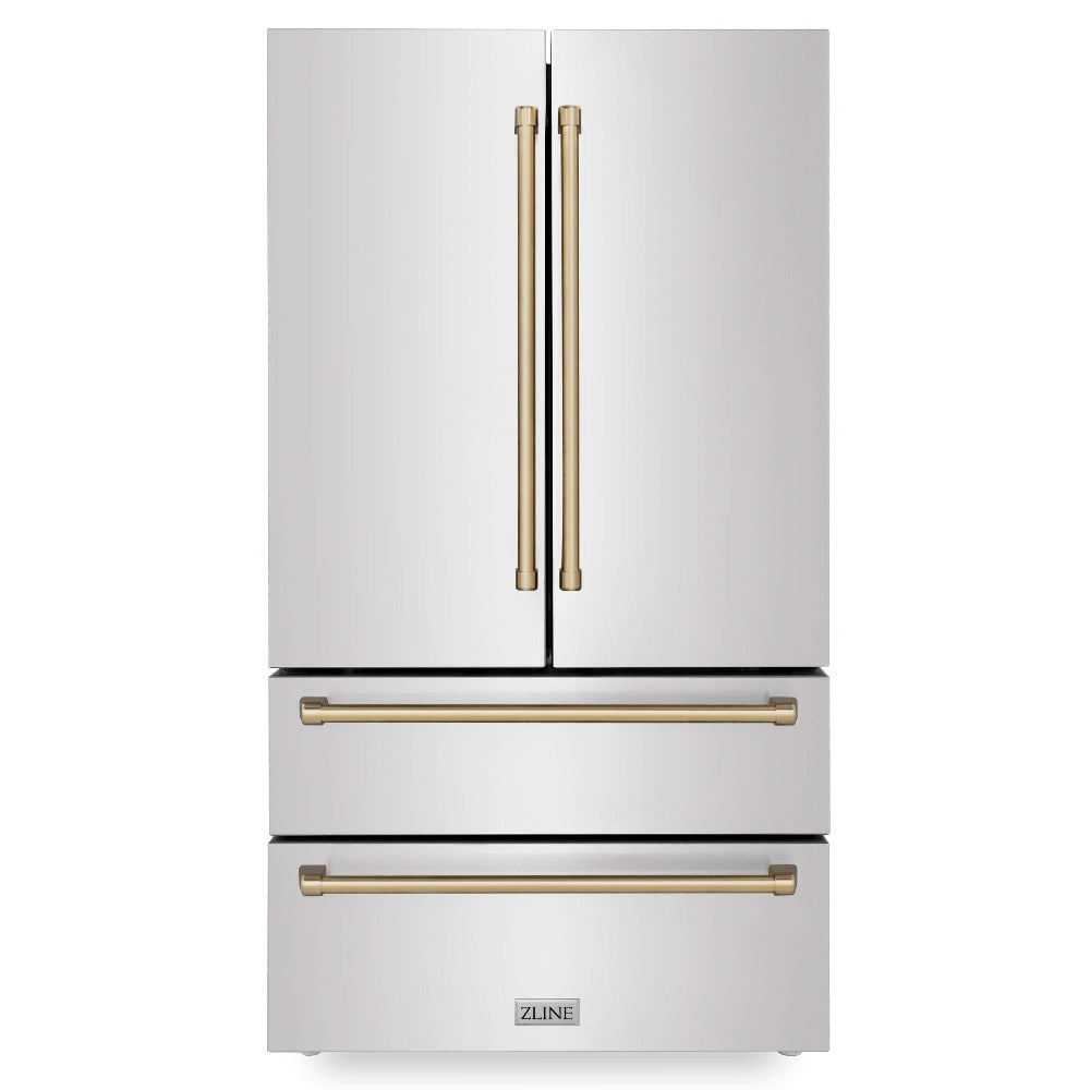 ZLINE Autograph Edition 36 in. 22.5 cu. ft Freestanding French Door Refrigerator with Ice Maker in Fingerprint Resistant Stainless Steel with Champagne Bronze Accents (RFMZ-36-CB) front, closed.