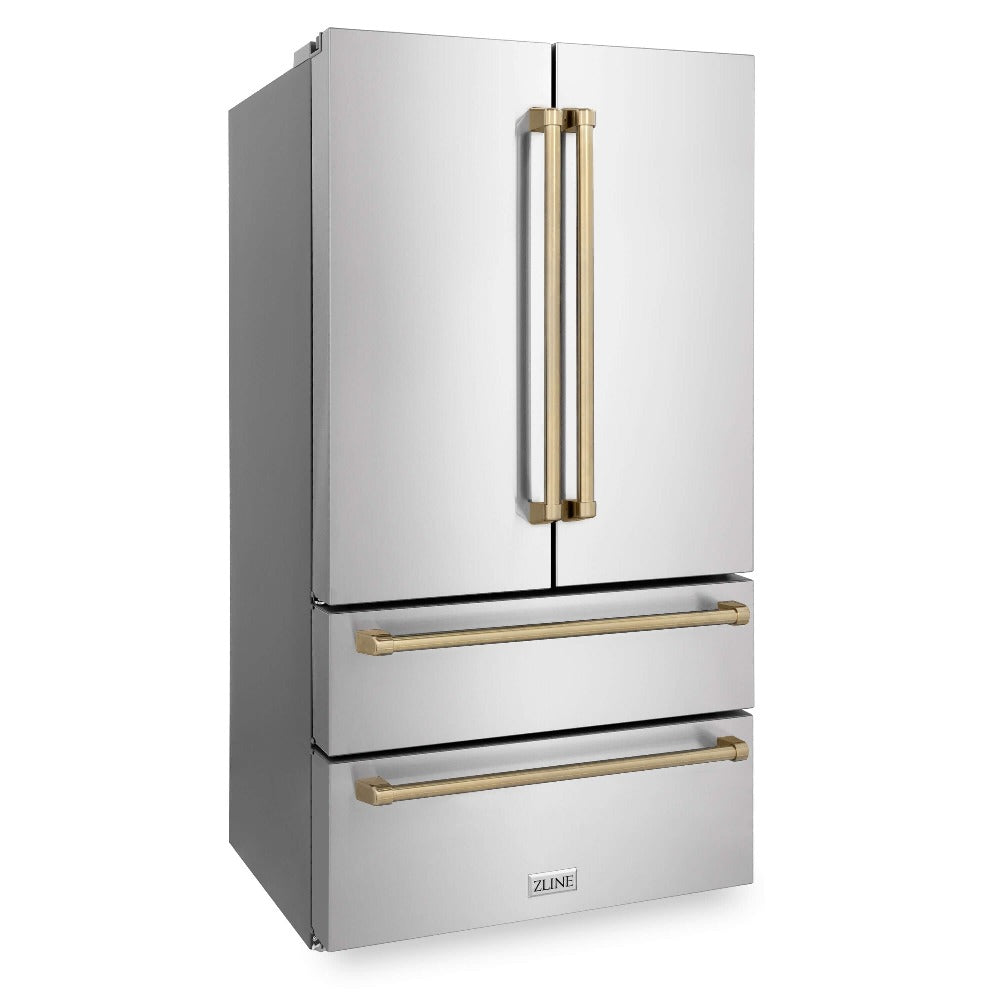 ZLINE Autograph Edition 36 in. 22.5 cu. ft Freestanding French Door Refrigerator with Ice Maker in Fingerprint Resistant Stainless Steel with Champagne Bronze Accents (RFMZ-36-CB) side, closed.