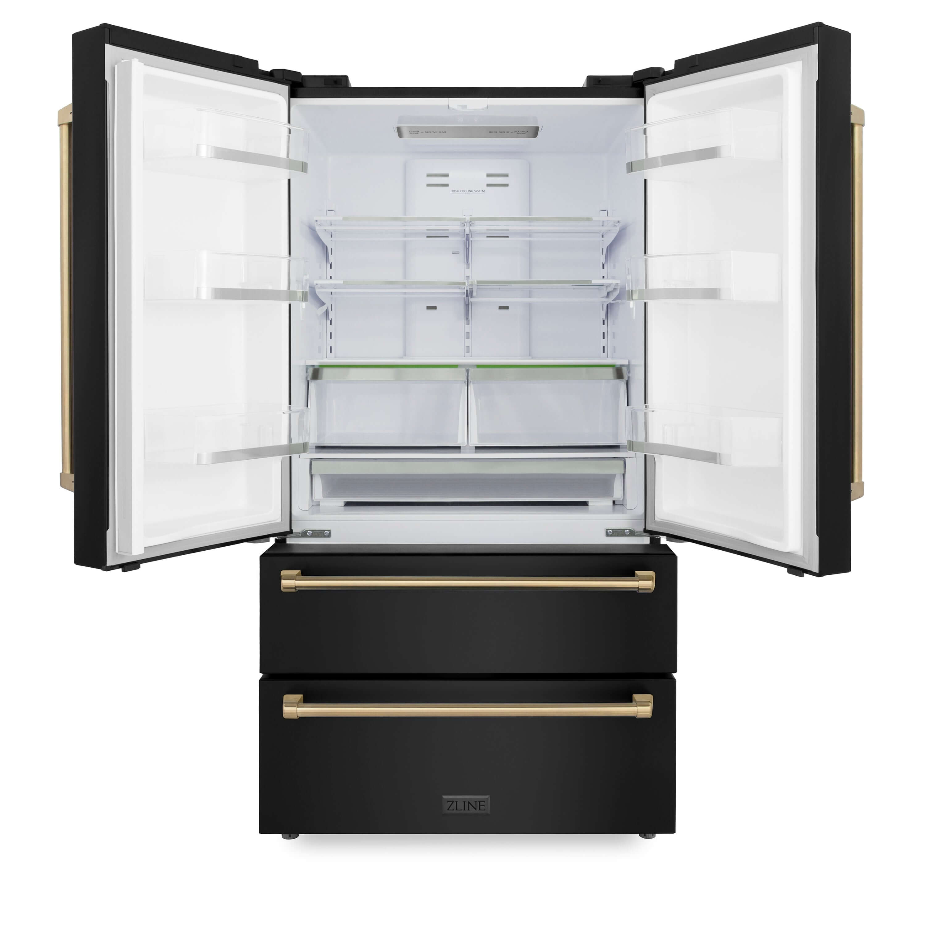 ZLINE 36 in. Autograph Edition French Door Refrigerator with Ice Maker in Black Stainless Steel with Champagne Bronze Accents front with doors open.