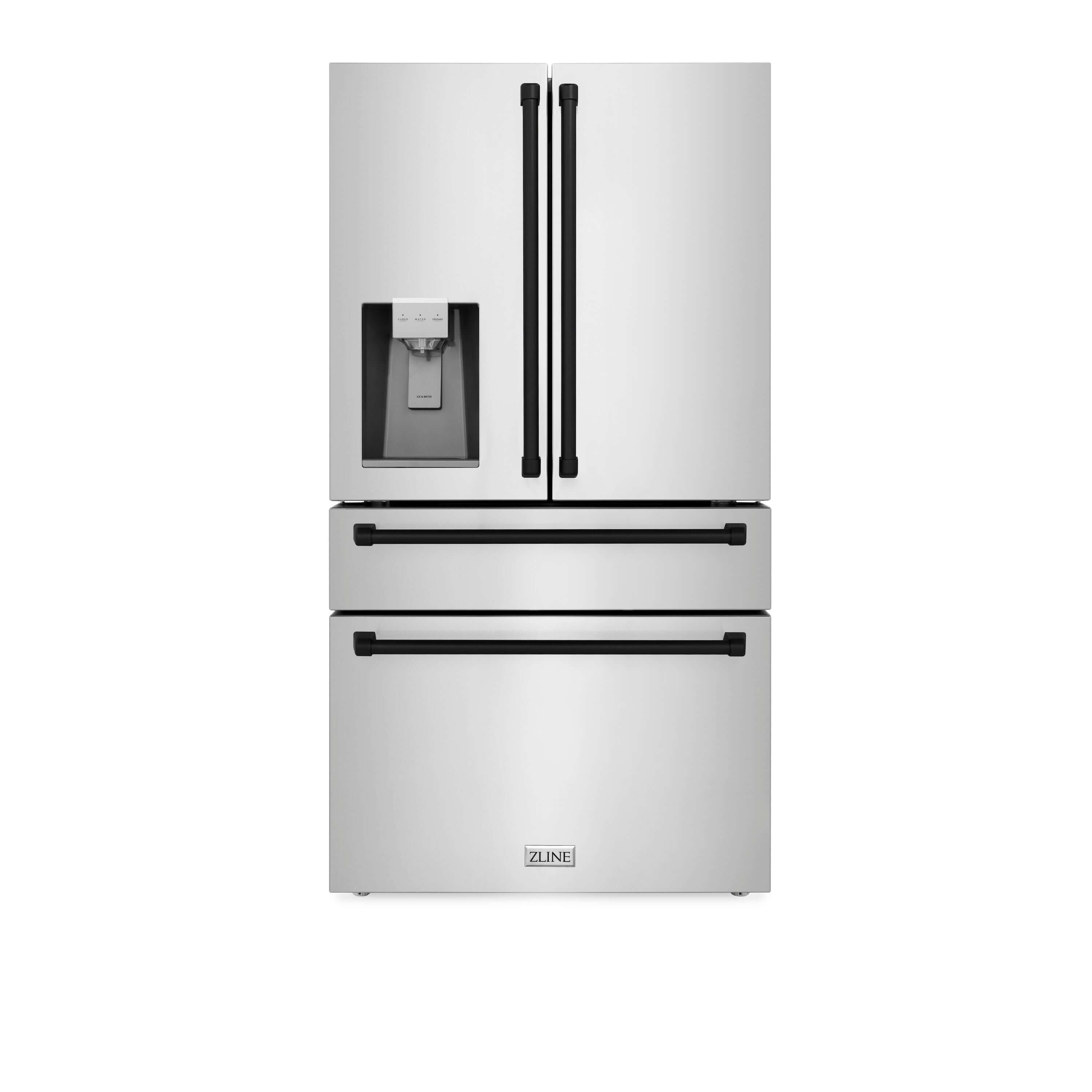 ZLINE Autograph Edition 36 in. 21.6 cu. ft Freestanding French Door Refrigerator with Water Dispenser in Stainless Steel with Matte Black Accents (RFMZ-W-36-MB) front, closed.