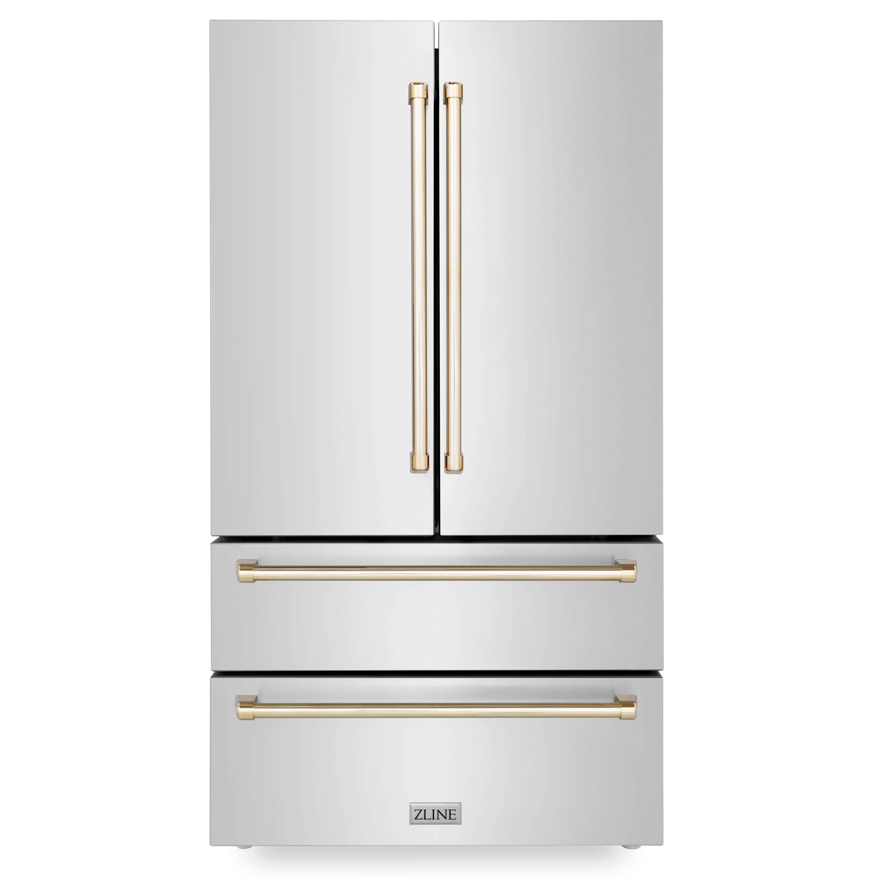 ZLINE Autograph Edition 36 in. 22.5 cu. ft Freestanding French Door Refrigerator with Ice Maker in Fingerprint Resistant Stainless Steel with Polished Gold Accents (RFMZ-36-G) front, closed.