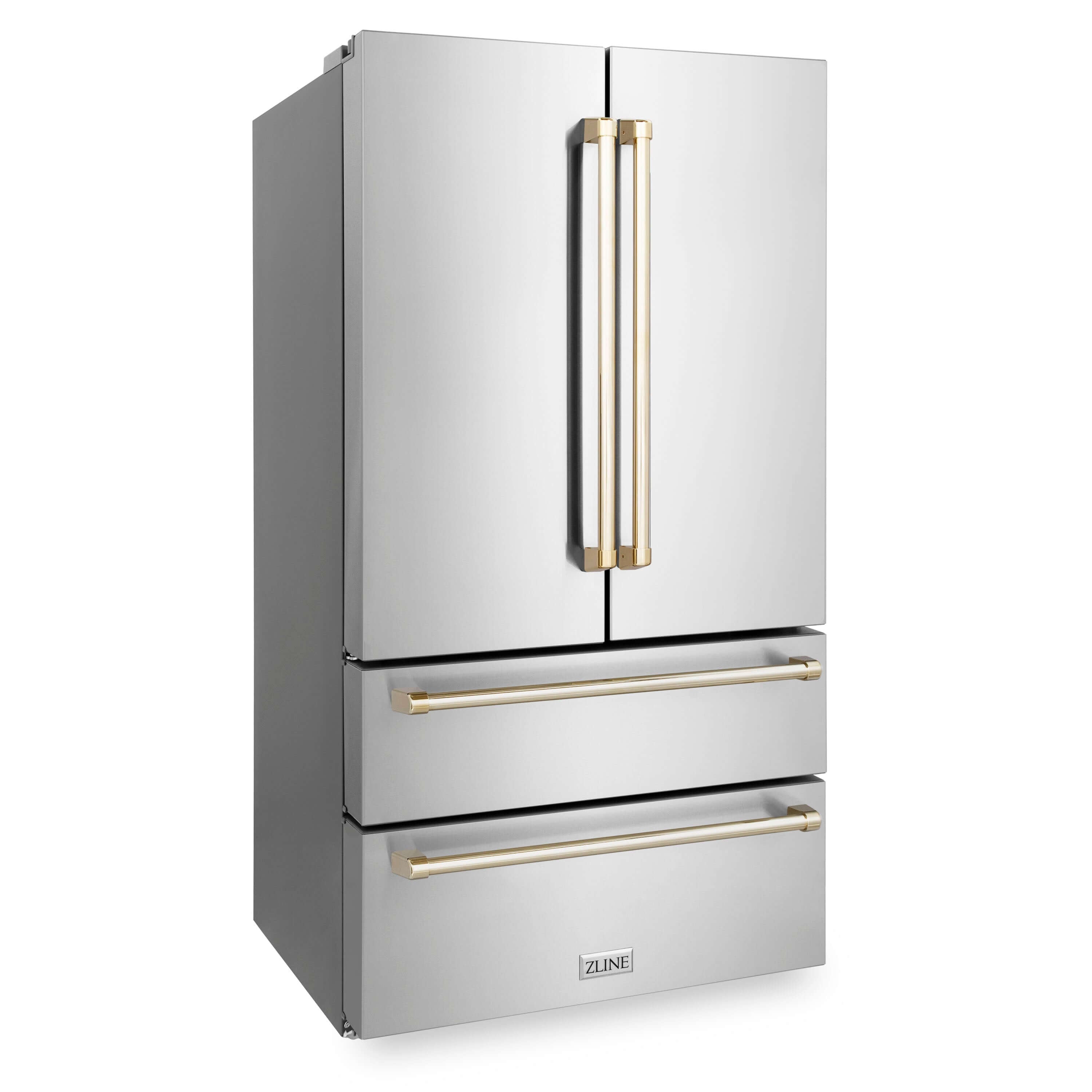 ZLINE Autograph Edition 36 in. 22.5 cu. ft Freestanding French Door Refrigerator with Ice Maker in Fingerprint Resistant Stainless Steel with Polished Gold Accents (RFMZ-36-G) side, closed.