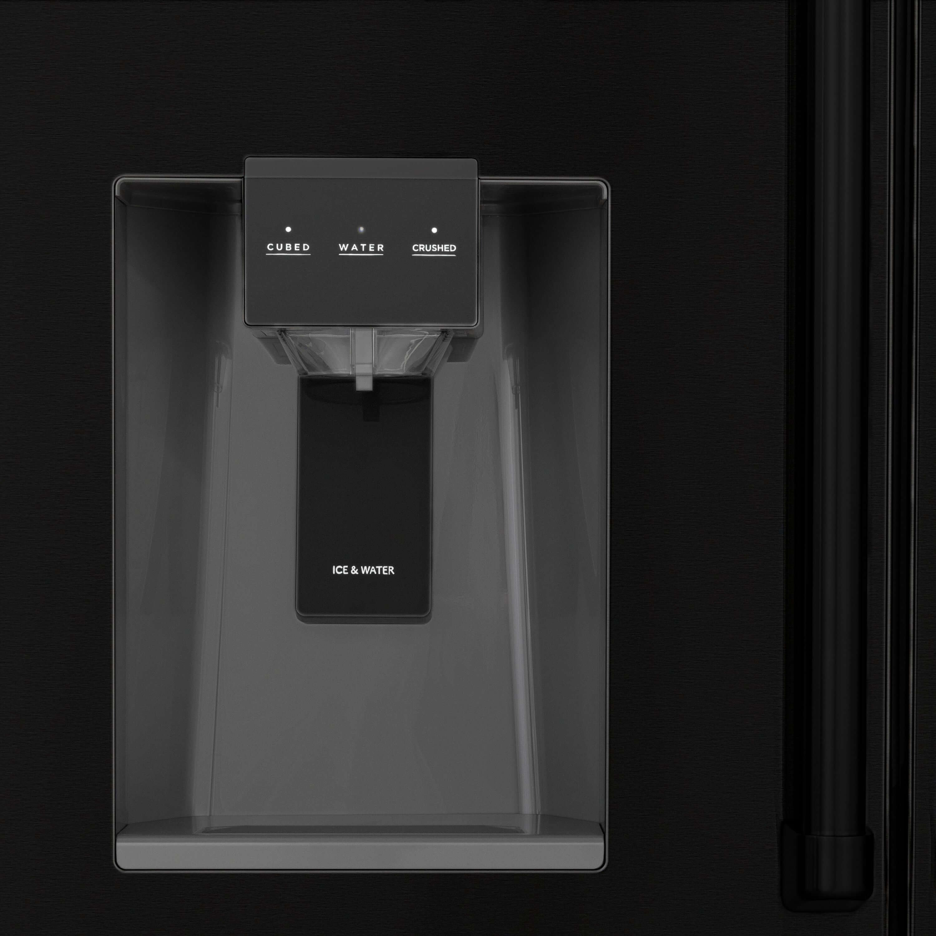 ZLINE black stainless steel French door refrigerator external water and ice dispenser.