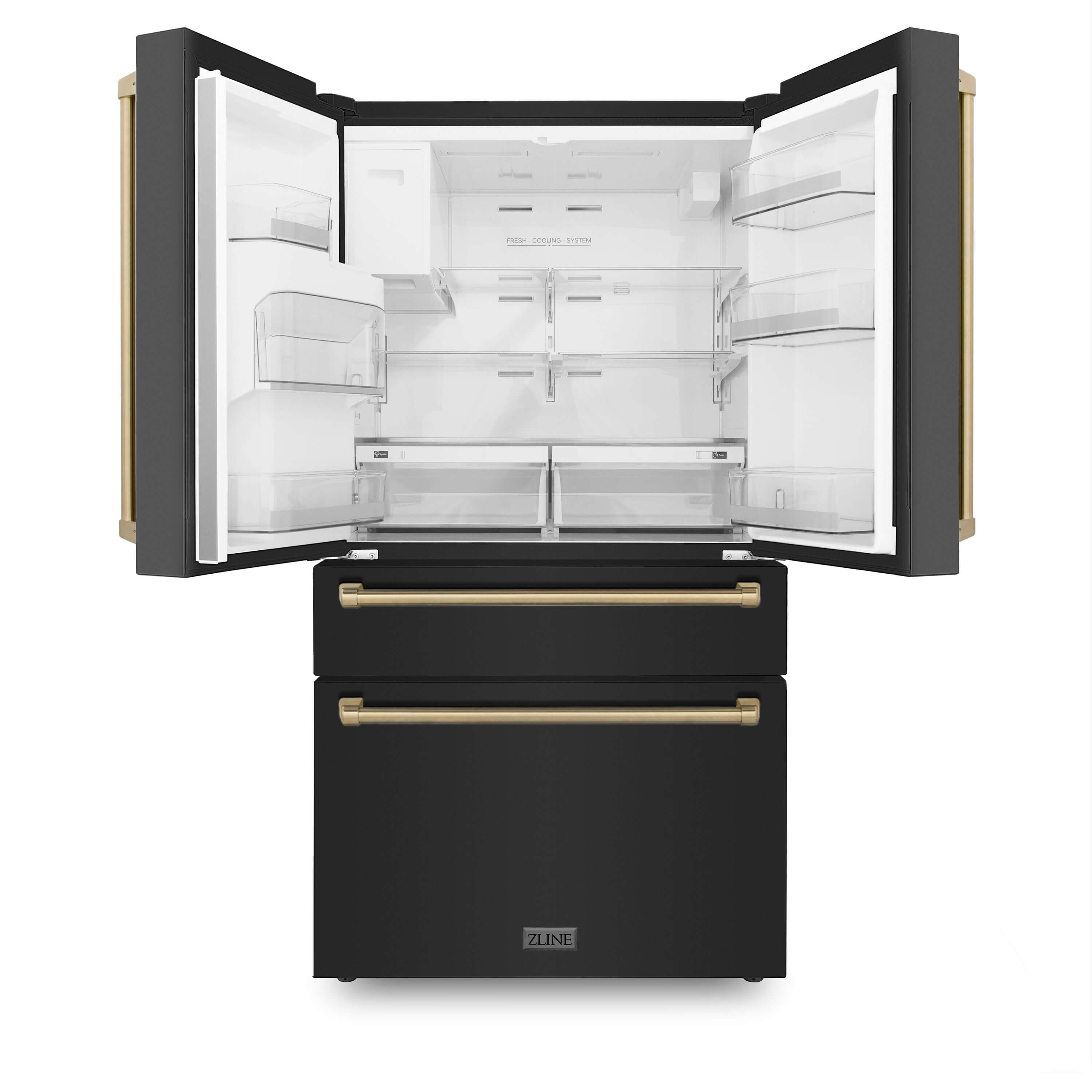 ZLINE 36 in. Autograph Edition French Door Refrigerator in Black Stainless Steel with Champagne Bronze Accents (RFMZ-W-36-BS-CB) front with doors open.