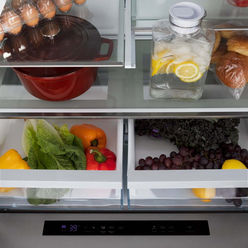 Food on adjustable shelving inside ZLINE French door refrigerator from above.