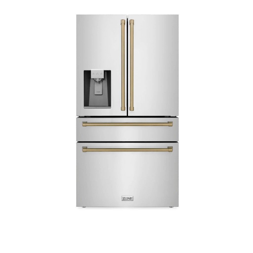 ZLINE Autograph Edition 36 in. 21.6 cu. ft Freestanding French Door Refrigerator with Water Dispenser in Stainless Steel with Champagne Bronze Accents (RFMZ-W-36-CB) front, closed.