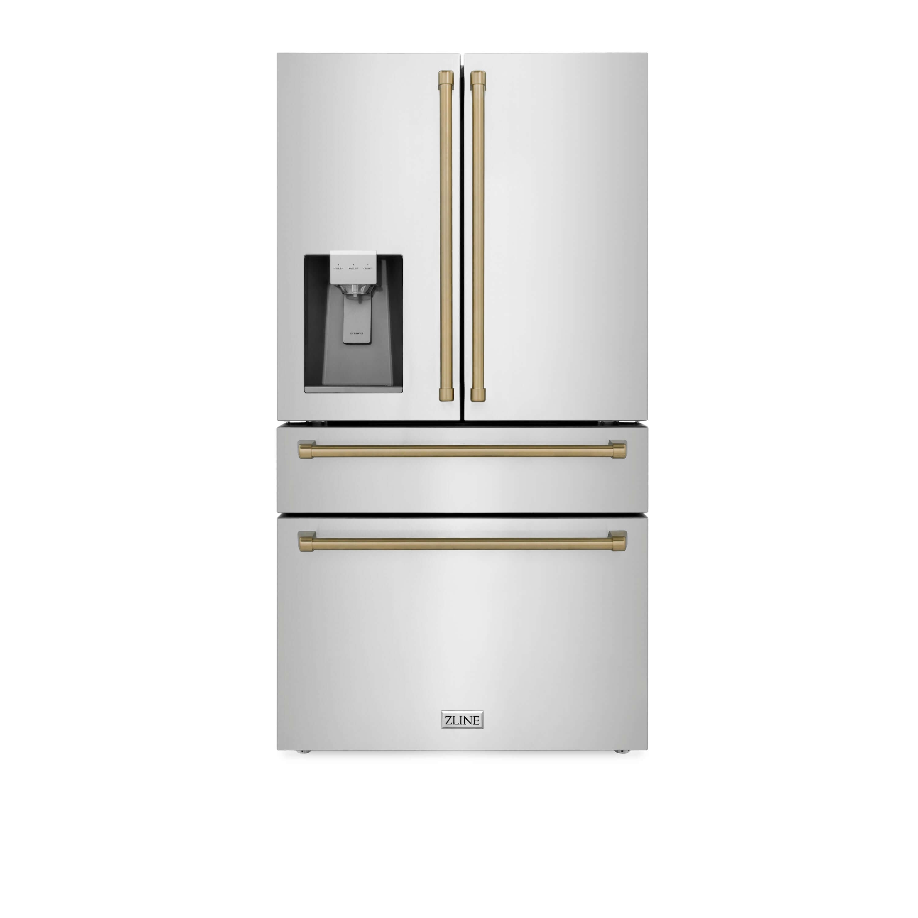 ZLINE 36 in. Autograph Edition Stainless Steel French Door Refrigerator with external water and ice dispenser front.