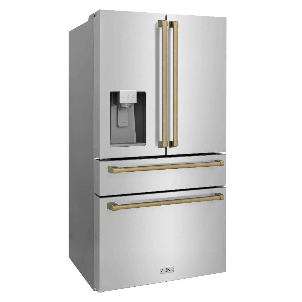 ZLINE Autograph Edition 36 in. 21.6 cu. ft Freestanding French Door Refrigerator with Water Dispenser in Stainless Steel with Champagne Bronze Accents (RFMZ-W-36-CB) side, closed.