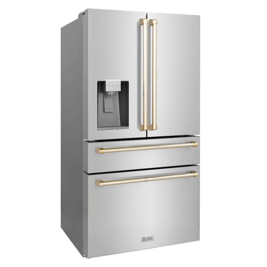 ZLINE Autograph Edition 36 in. 21.6 cu. ft Freestanding French Door Refrigerator with Water Dispenser in Stainless Steel with Champagne Bronze Accents (RFMZ-W-36-CB) side, closed.