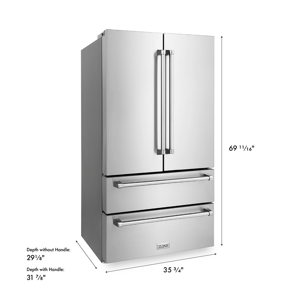 ZLINE 36 in. 22.5 cu. ft. Counter-Depth French Door Refrigerator with Ice Maker in Fingerprint-Resistant Stainless Steel (RFM-36) dimensional diagram.