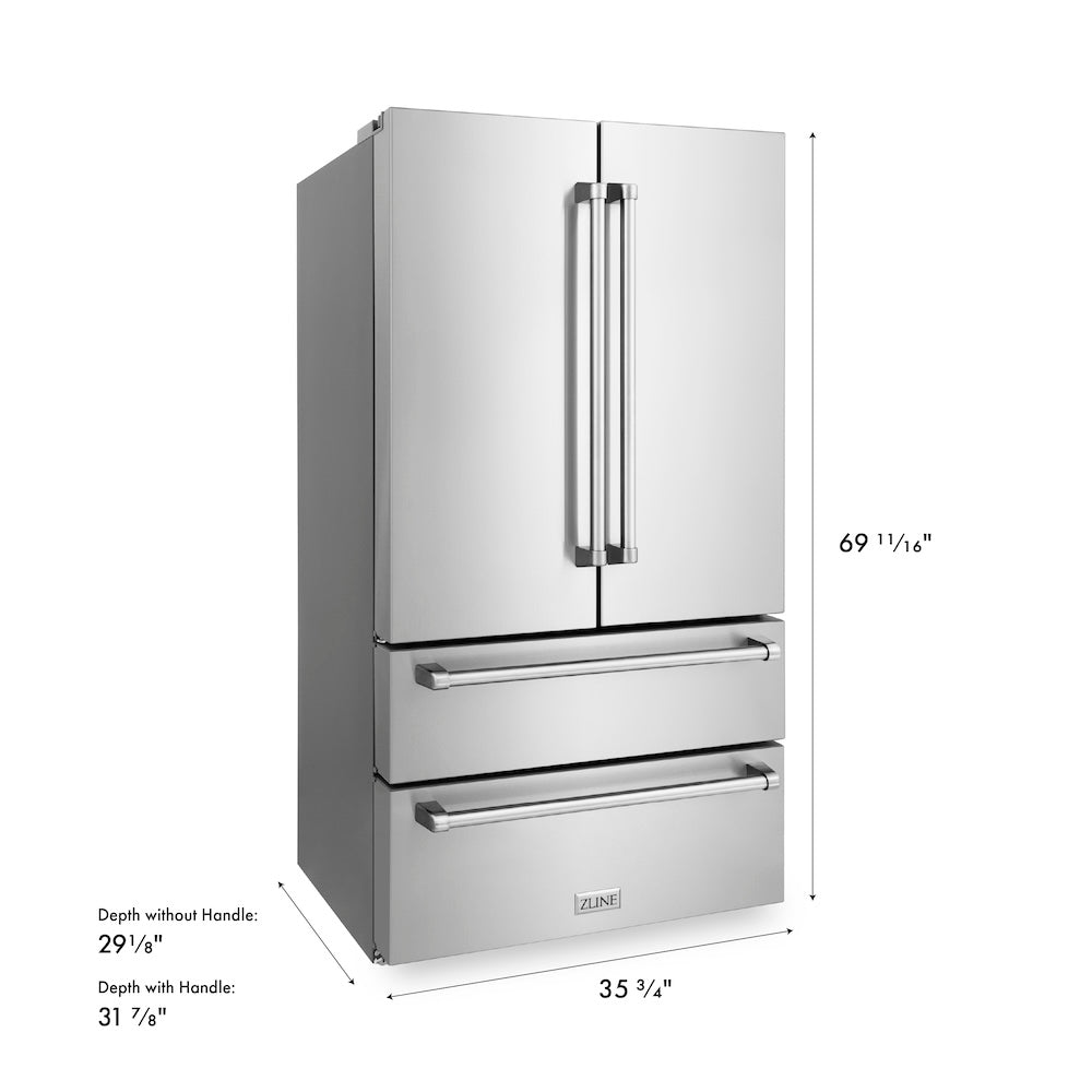 ZLINE 36 in. 22.5 cu. ft. Counter-Depth French Door Refrigerator with Ice Maker in Fingerprint-Resistant Stainless Steel, Open Box-Good Condition dimensional diagram.