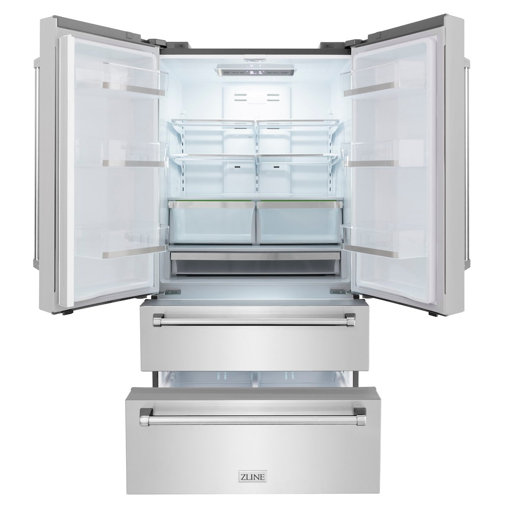 ZLINE Kitchen Package with Refrigeration, 36 in. Stainless Steel Dual Fuel Range, 36 in. Range Hood, Microwave Drawer, and 24 in. Tall Tub Dishwasher (5KPR-RARH36-MWDWV)