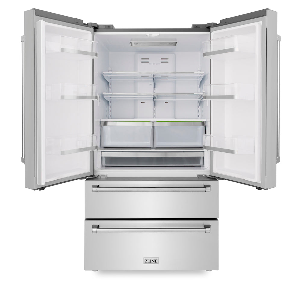 ZLINE Kitchen Package in Stainless Steel with 36 in. Refrigerator, 36 in. Dual Fuel Range, 36 in. Convertible Vent Range Hood, and 24 in. Tall Tub Dishwasher (4KPR-RARH36-DWV)