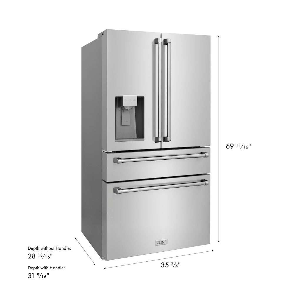 ZLINE 36 in. 21.6 cu. ft. Counter-Depth French Door Refrigerator with Water and Ice Dispenser in Fingerprint-Resistant Stainless Steel, Open Box-Good Condition dimensional diagram.
