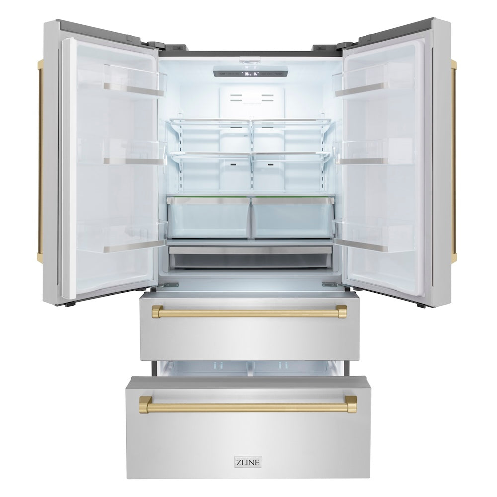 ZLINE Autograph Edition 36 in. 22.5 cu. ft Freestanding French Door Refrigerator with Ice Maker in Fingerprint Resistant Stainless Steel with Champagne Bronze Accents (RFMZ-36-CB) front, doors and bottom freezer drawer open.