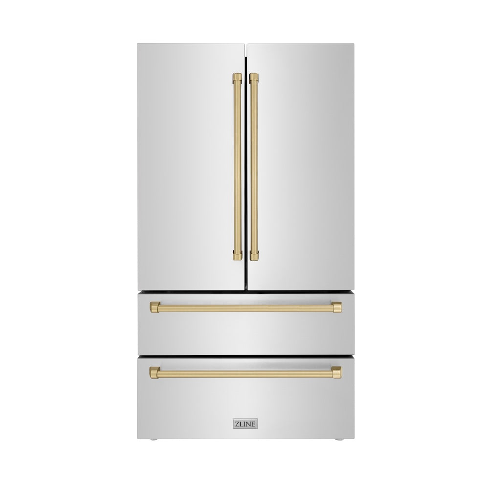ZLINE Autograph Edition 36 in. 22.5 cu. ft Freestanding French Door Refrigerator with Ice Maker in Fingerprint Resistant Stainless Steel with Champagne Bronze Accents (RFMZ-36-CB) front, closed.