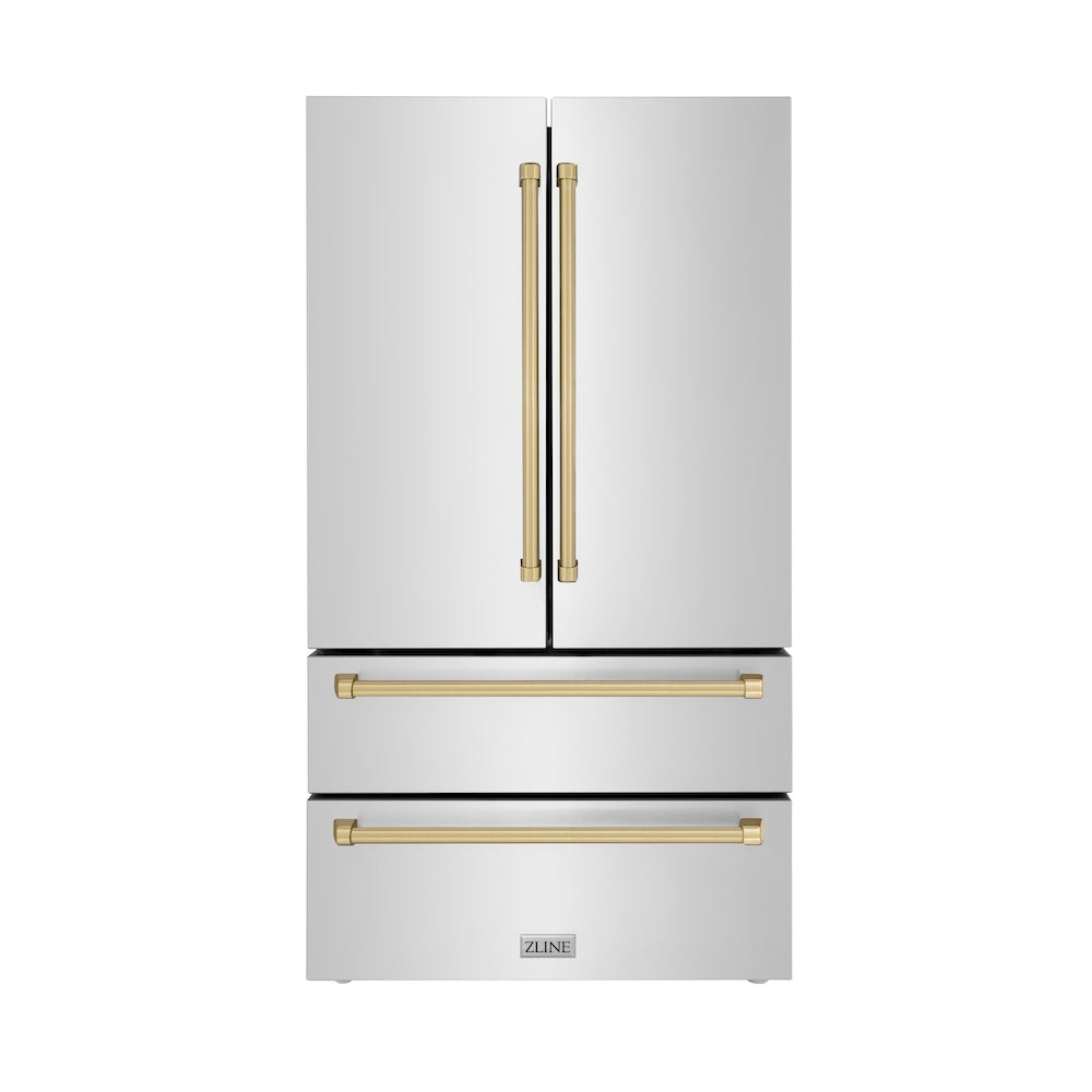 ZLINE Autograph Edition 36 in. 22.5 cu. ft. Counter-Depth French Door Refrigerator with Ice Maker in Fingerprint-Resistant Stainless Steel with Champagne Bronze Traditional Handles (RFMZ-36-CB)