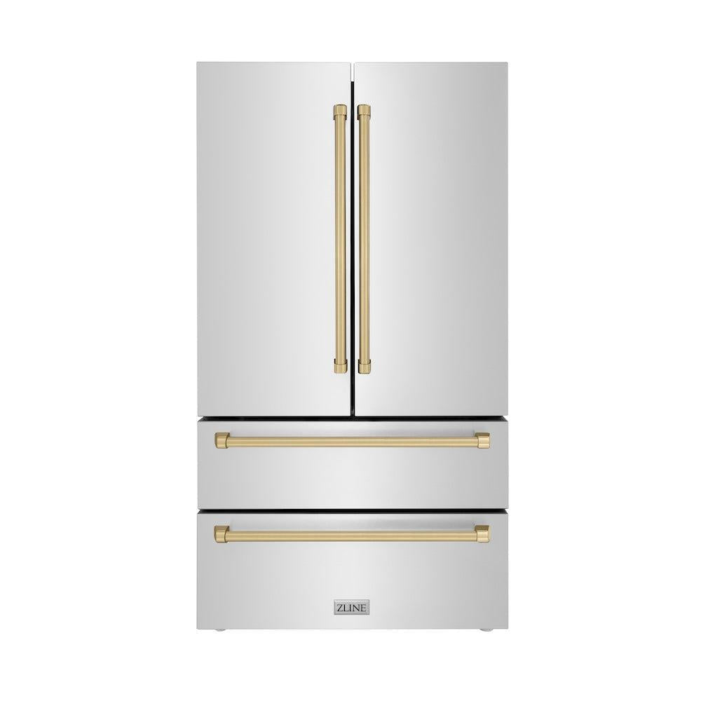 ZLINE Autograph Edition 36 in. 22.5 cu. ft. Counter-Depth French Door Refrigerator with Ice Maker in Fingerprint-Resistant Stainless Steel with Champagne Bronze Traditional Handles (RFMZ-36-CB)