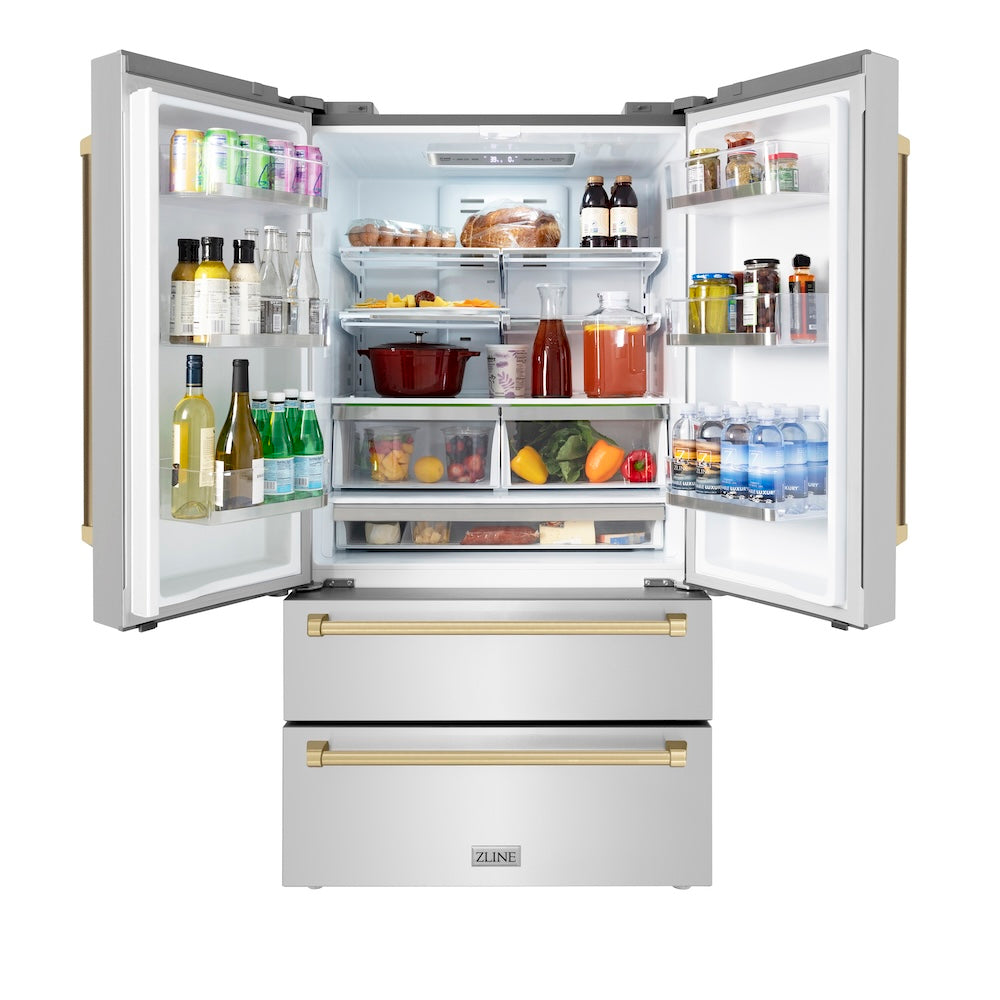 ZLINE Autograph Edition 36 in. 22.5 cu. ft Freestanding French Door Refrigerator with Ice Maker in Fingerprint Resistant Stainless Steel with Champagne Bronze Accents (RFMZ-36-CB) front, open, with food on adjustable shelving.