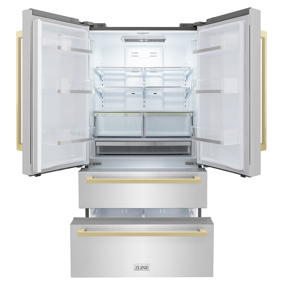 ZLINE Autograph Edition 36 in. 22.5 cu. ft 4-Door French Door Refrigerator with Ice Maker in Stainless Steel with Champagne Bronze Modern Handles (RFMZ-36-FCB) front, refrigeration compartment and bottom freezer open.