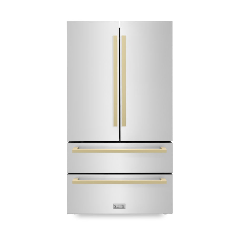 ZLINE Autograph Edition 36 in. 22.5 cu. ft. Counter-Depth French Door Refrigerator with Ice Maker in Fingerprint-Resistant Stainless Steel with Champagne Bronze Modern Handles (RFMZ-36-FCB) main image.