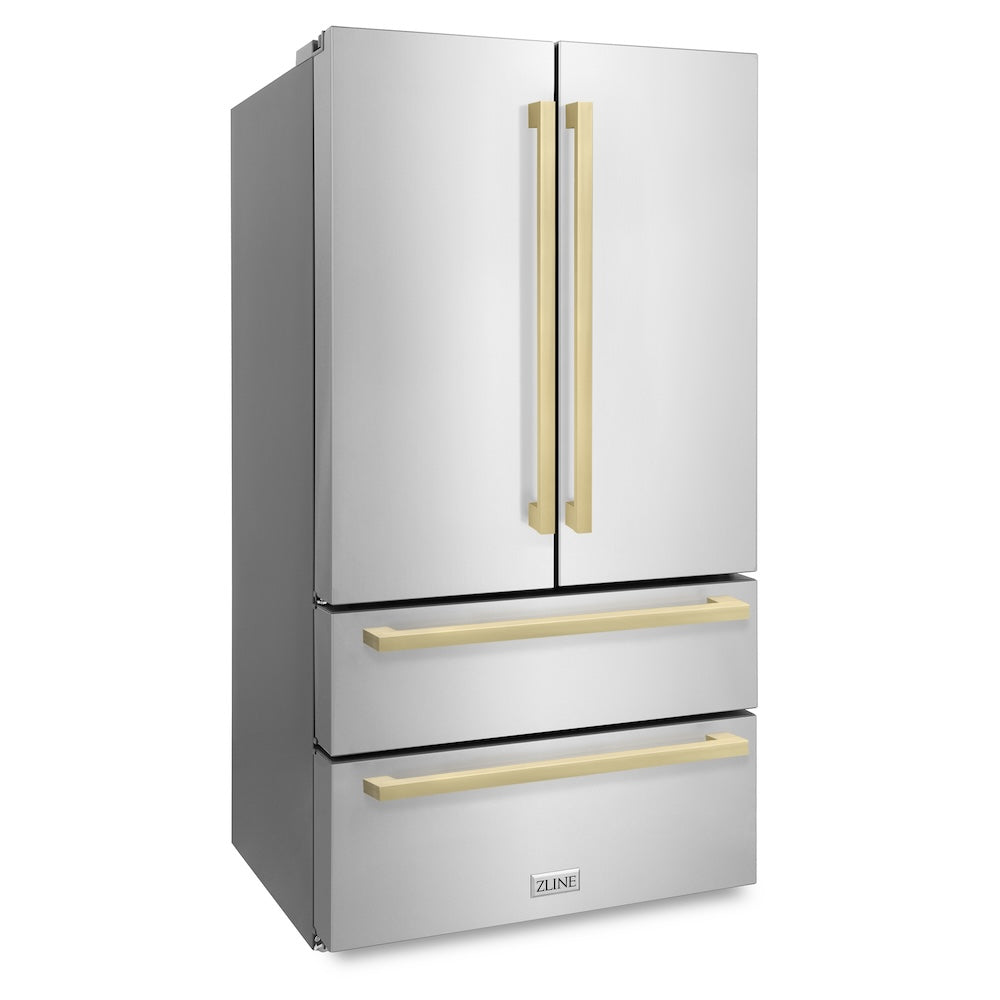 ZLINE Autograph Edition 36 in. 22.5 cu. ft 4-Door French Door Refrigerator with Ice Maker in Stainless Steel with Champagne Bronze Modern Handles (RFMZ-36-FCB) side, closed.