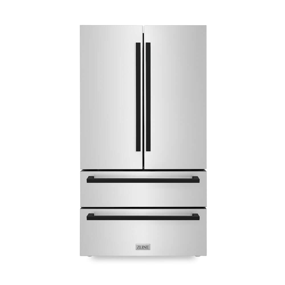 ZLINE Autograph Edition 36 in. 22.5 cu. ft. Counter-Depth French Door Refrigerator with Ice Maker in Fingerprint-Resistant Stainless Steel with Matte Black Modern Handles (RFMZ-36-FMB) main image.
