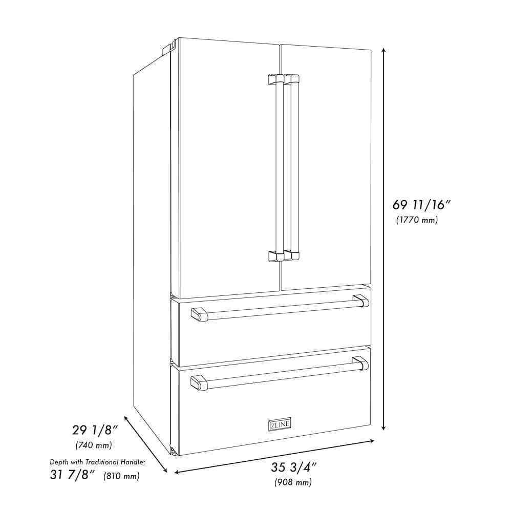 ZLINE Autograph Edition 36 in. 22.5 cu. ft Freestanding French Door Refrigerator with Ice Maker in Fingerprint Resistant Stainless Steel with Matte Black Accents (RFMZ-36-MB) dimensional diagram with measurements.