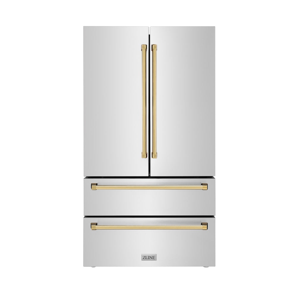 ZLINE Autograph Edition 36 in. 22.5 cu. ft 4-Door French Door Refrigerator with Ice Maker in Fingerprint Resistant Stainless Steel with Polished Gold Traditional Handles (RFMZ-36-G)