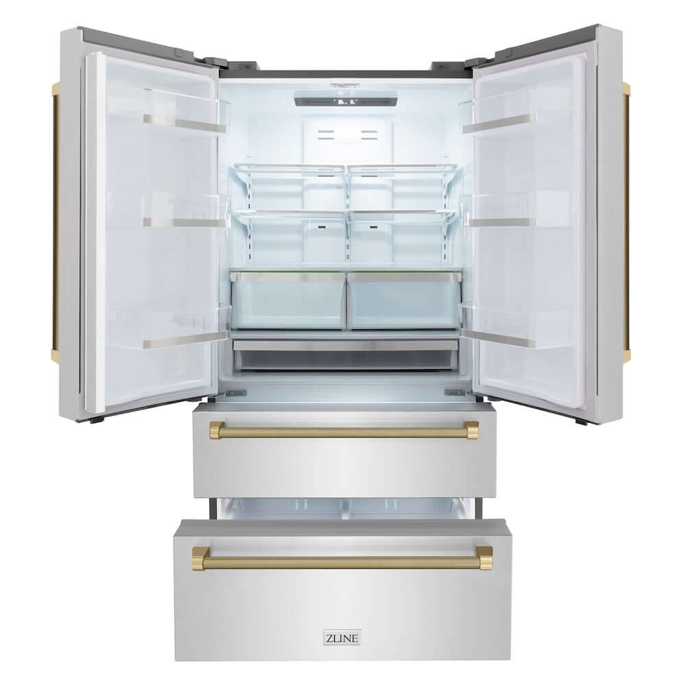 ZLINE Autograph Edition 36 in. 22.5 cu. ft. Counter-Depth French Door Refrigerator with Ice Maker in Fingerprint-Resistant Stainless Steel and Champagne Bronze Helix Handles (RFMZ-36-KCB) front, refrigeration compartment and bottom freezer drawers open.