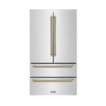 ZLINE Autograph Edition 36 in. 22.5 cu. ft. Counter-Depth French Door Refrigerator with Ice Maker in Fingerprint-Resistant Stainless Steel and Champagne Bronze Helix Handles (RFMZ-36-KCB) front.