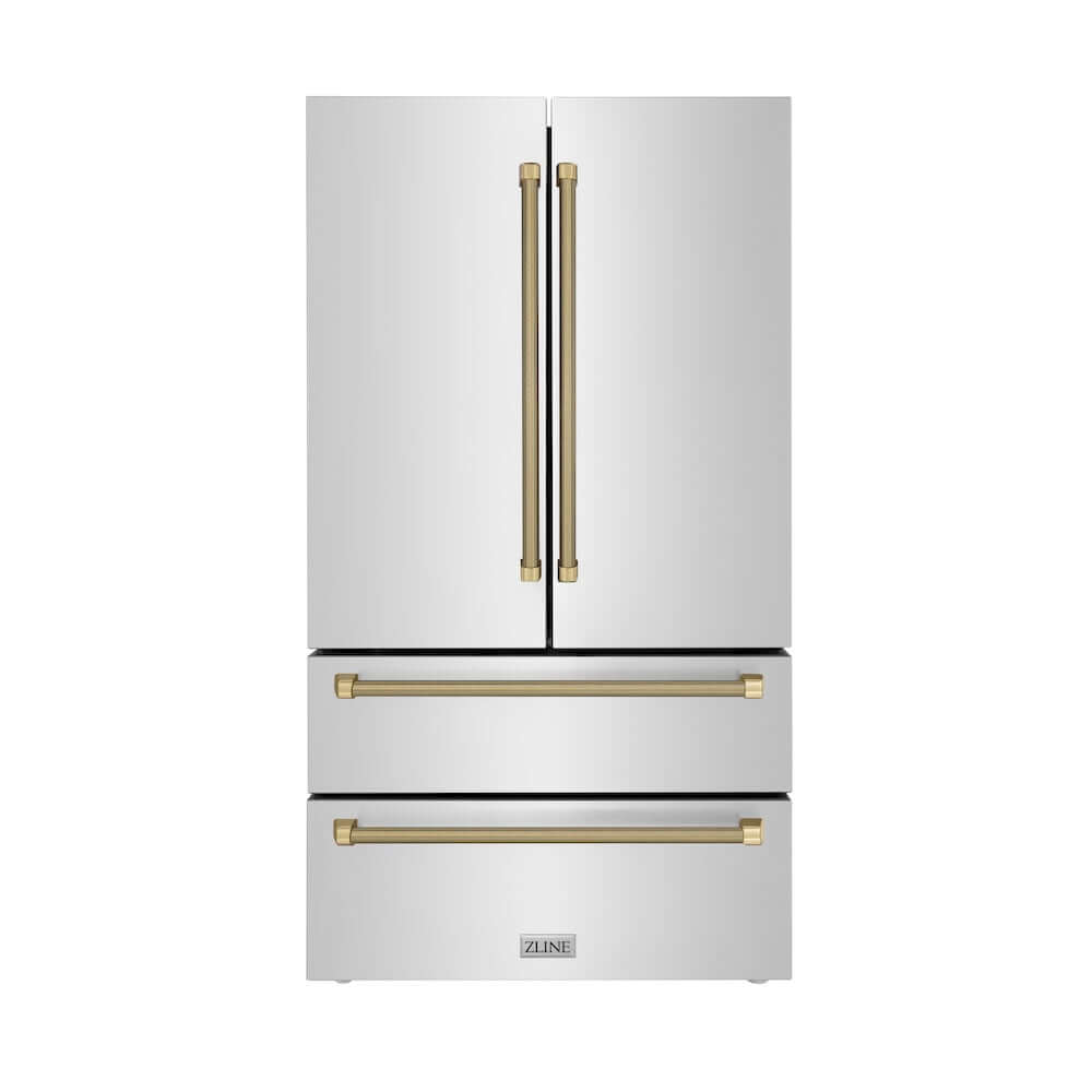 ZLINE Autograph Edition 36 in. 22.5 cu. ft. Counter-Depth French Door Refrigerator with Ice Maker in Fingerprint-Resistant Stainless Steel and Champagne Bronze Helix Handles (RFMZ-36-KCB) front.