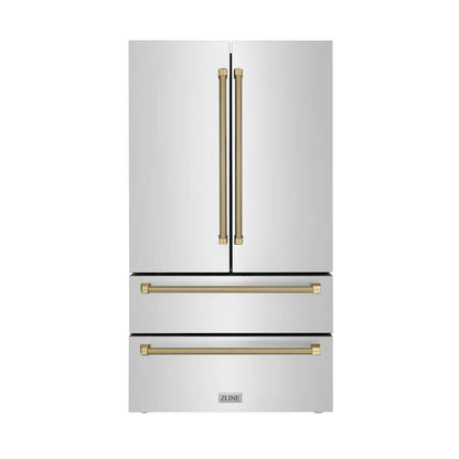 ZLINE Autograph Edition 36 in. 22.5 cu. ft. Counter-Depth French Door Refrigerator with Ice Maker in Fingerprint-Resistant Stainless Steel and Champagne Bronze Helix Handles (RFMZ-36-KCB) front.
