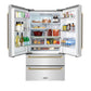 ZLINE Autograph Edition 36 in. 22.5 cu. ft. Counter-Depth French Door Refrigerator with Ice Maker in Fingerprint-Resistant Stainless Steel and Champagne Bronze Helix Handles (RFMZ-36-KCB) front, refrigeration compartment open with various food and drink items on shelves and in door storage bins.