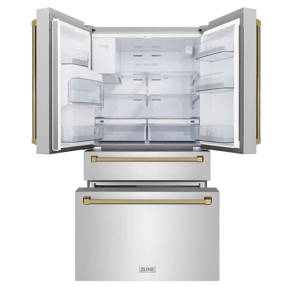 ZLINE Autograph Edition 36 in. 22.5 cu. ft. Counter-Depth French Door Refrigerator with Ice Maker in Fingerprint-Resistant Stainless Steel and Polished Gold Helix Handles (RFMZ-36-KG) front, refrigeration compartment and bottom freezer drawers open.