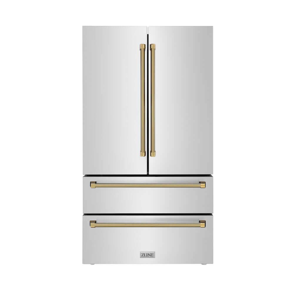 ZLINE Autograph Edition 36 in. 22.5 cu. ft. Counter-Depth French Door Refrigerator with Ice Maker in Fingerprint-Resistant Stainless Steel and Polished Gold Helix Handles (RFMZ-36-KG) front.