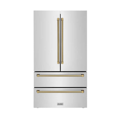 ZLINE Autograph Edition 36 in. 22.5 cu. ft. Counter-Depth French Door Refrigerator with Ice Maker in Fingerprint-Resistant Stainless Steel and Polished Gold Helix Handles (RFMZ-36-KG) front.