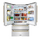 ZLINE Autograph Edition 36 in. 22.5 cu. ft. Counter-Depth French Door Refrigerator with Ice Maker in Fingerprint-Resistant Stainless Steel and Polished Gold Helix Handles (RFMZ-36-KG) front, refrigeration compartment open with various food and drink items on shelves and in door storage bins.