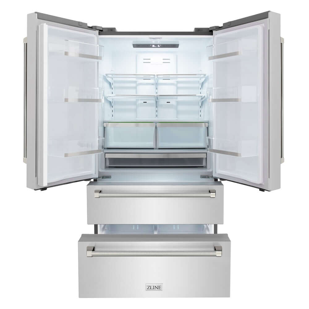 ZLINE Autograph Edition 36 in. 22.5 cu. ft. Counter-Depth French Door Refrigerator with Ice Maker in Fingerprint-Resistant Stainless Steel and Polished Nickel Helix Handles (RFMZ-36-KPN) front, refrigeration compartment and bottom freezer drawers open.