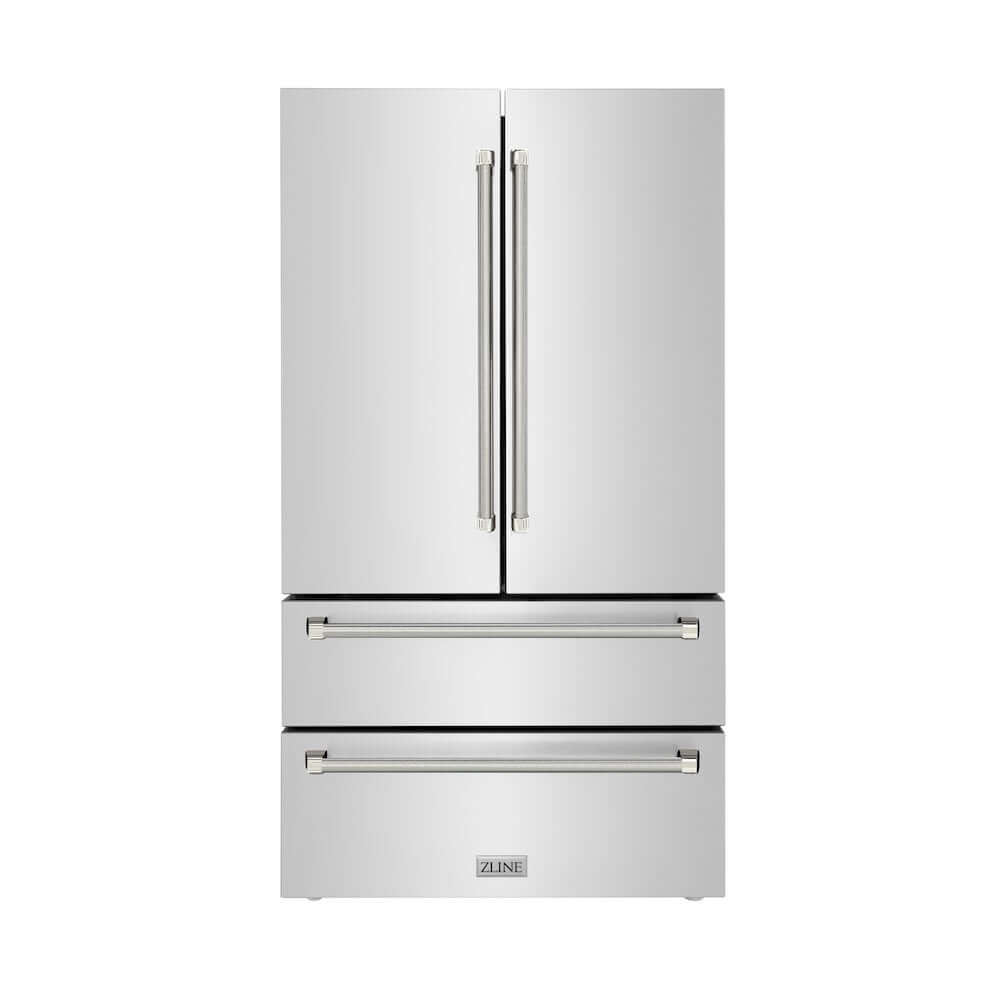 ZLINE Autograph Edition 36 in. 22.5 cu. ft. Counter-Depth French Door Refrigerator with Ice Maker in Fingerprint-Resistant Stainless Steel and Polished Nickel Helix Handles (RFMZ-36-KPN) front.