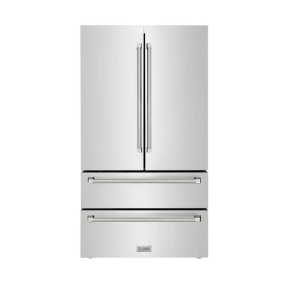 ZLINE Autograph Edition 36 in. 22.5 cu. ft. Counter-Depth French Door Refrigerator with Ice Maker in Fingerprint-Resistant Stainless Steel and Polished Nickel Helix Handles (RFMZ-36-KPN) front.